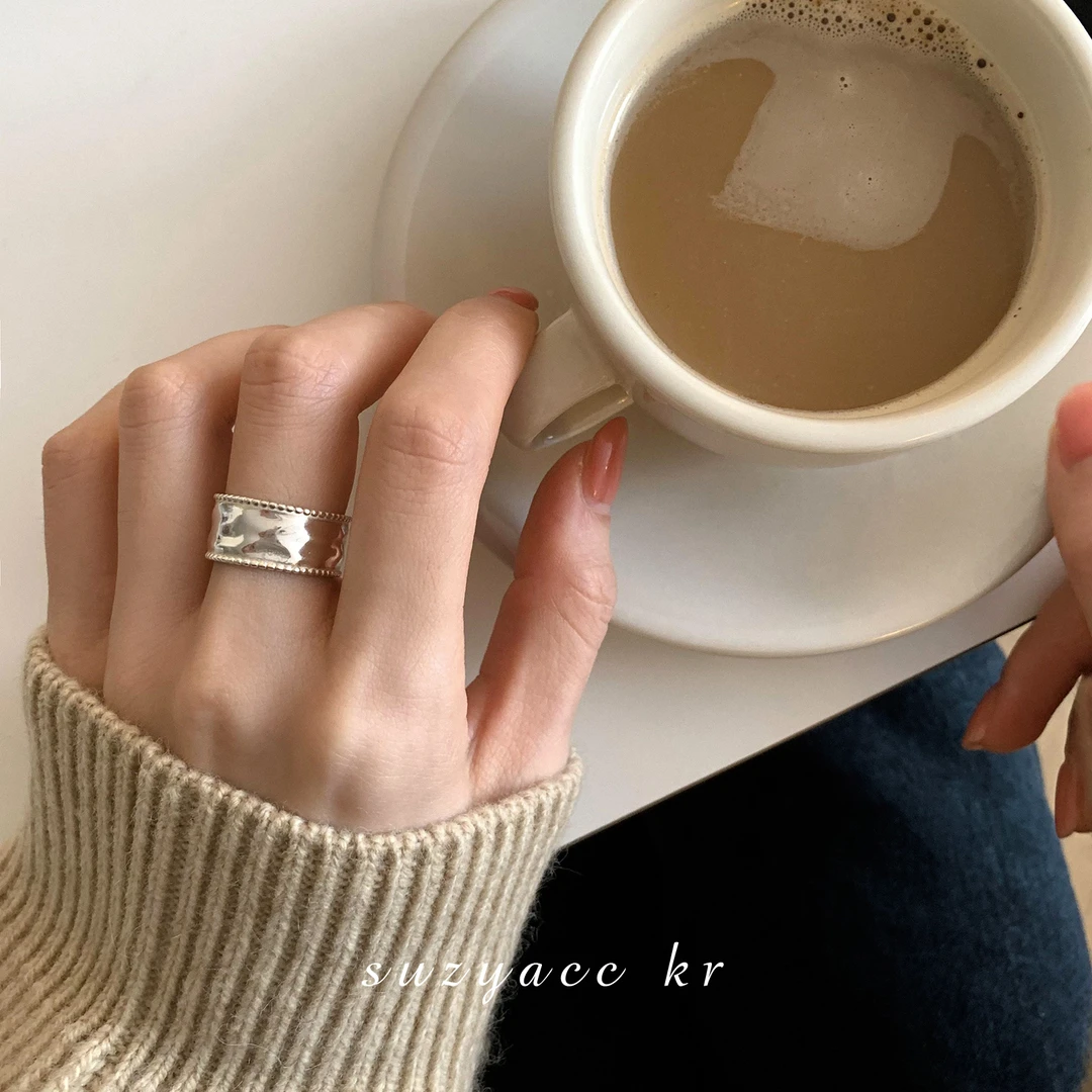 Suzyacc Kr 925银戒指 日系重工冷淡风纯银宽版戒指 J0508