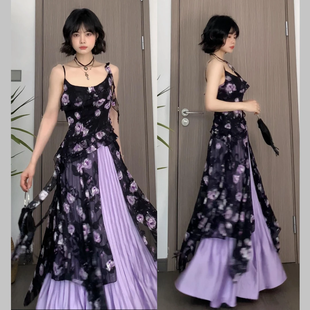 夏日巨好看紫色碎花吊带连衣裙子女夏季2025新款法式穿搭套装长裙