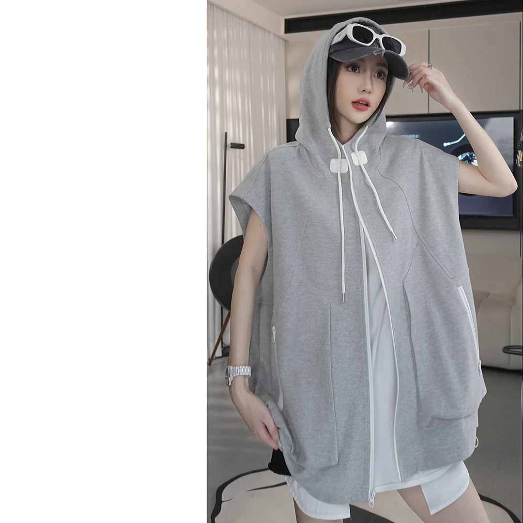 【赵一一】2025夏季新款落肩遮肉连帽马甲宽松撞色拼接开衫Y22976