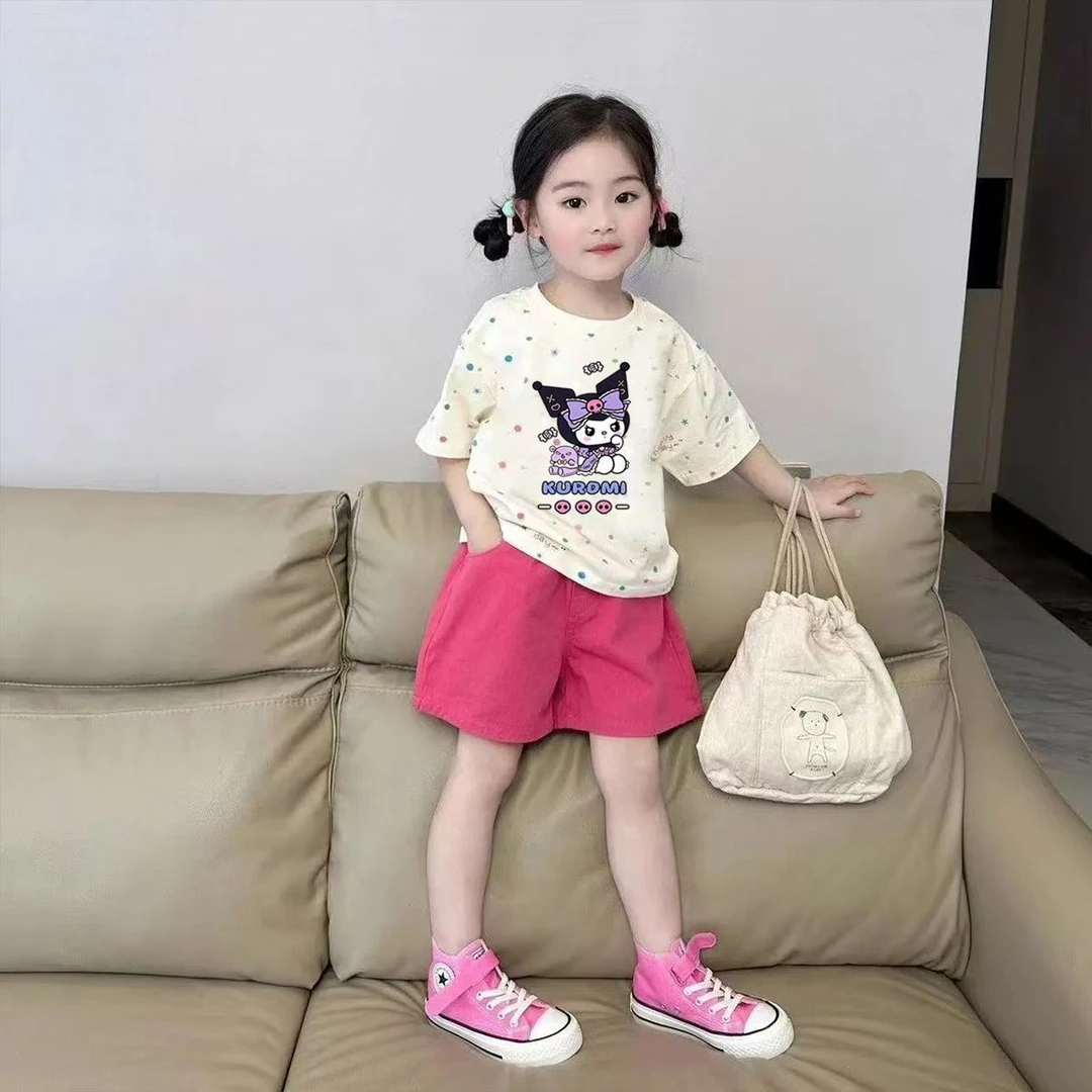 中小童夏季短袖套装卡通风女动漫套装洋气童装短袖短裤两件套潮
