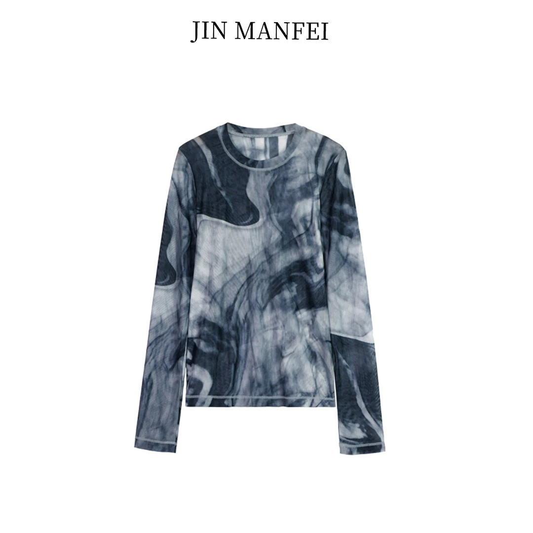 金曼妃2025年春季新水墨晕染长袖打底衫网纱圆领上衣微胖女生穿搭