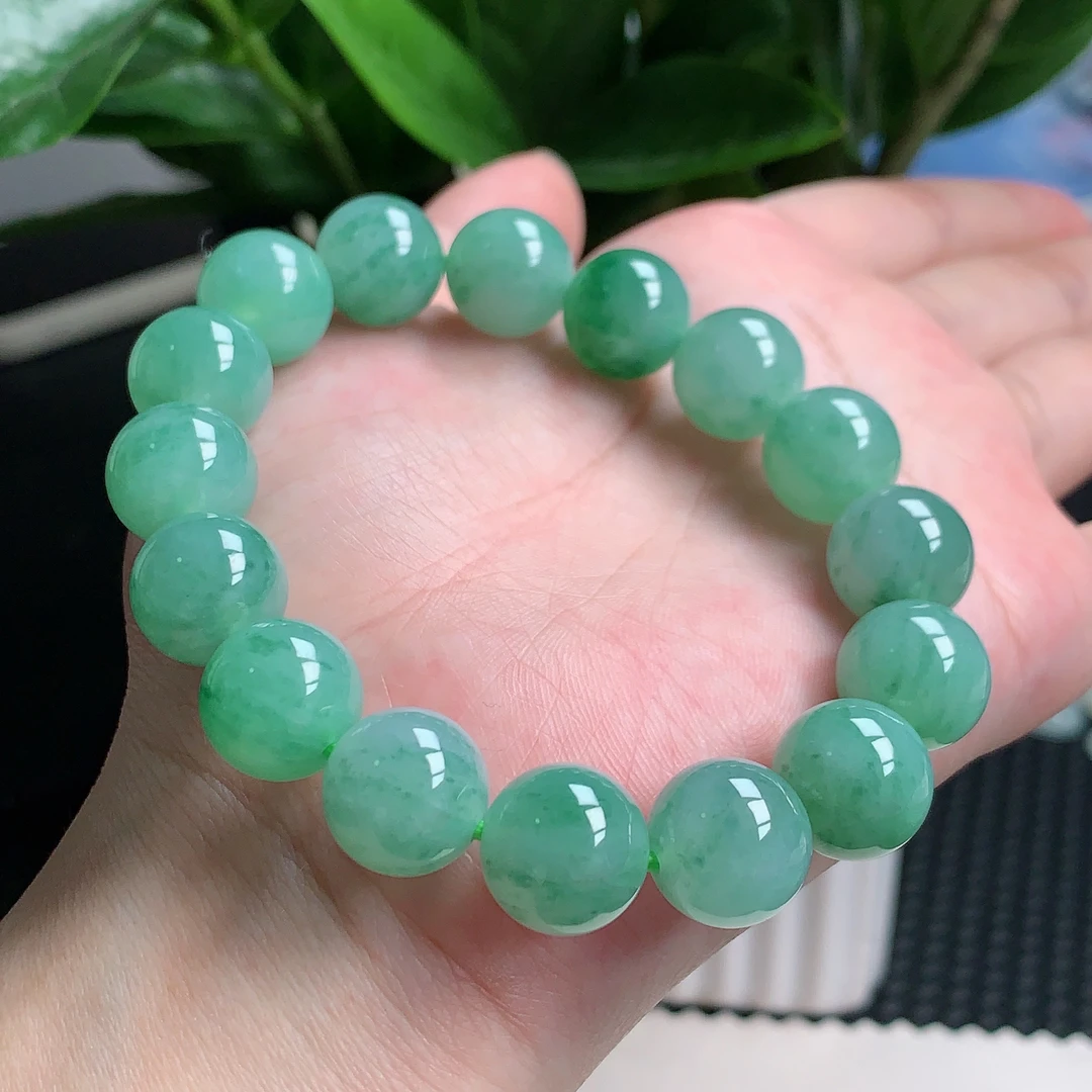 天然A货翡翠，冰润飘花珠子手链13mm0417时尚精美小清新绿色单圈