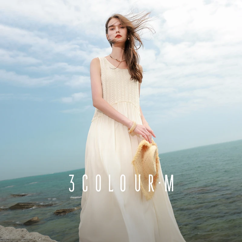 三彩2025夏季新款无袖连衣裙盘带绣花雪纺A字裙背心长裙M