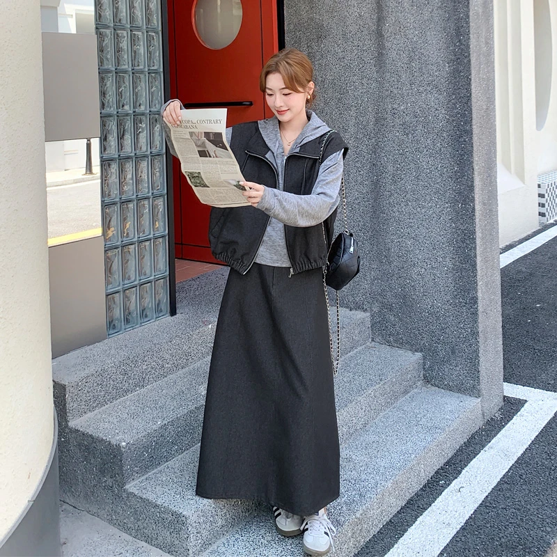 休闲设计感帽衫马甲半裙套装2025秋新款小众韩系ins慵懒风三件套