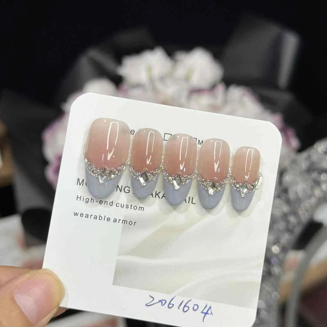 【蓝雾织梦】低饱和色调显白灰蓝紫法式拼钻2061604 纯手工穿戴甲