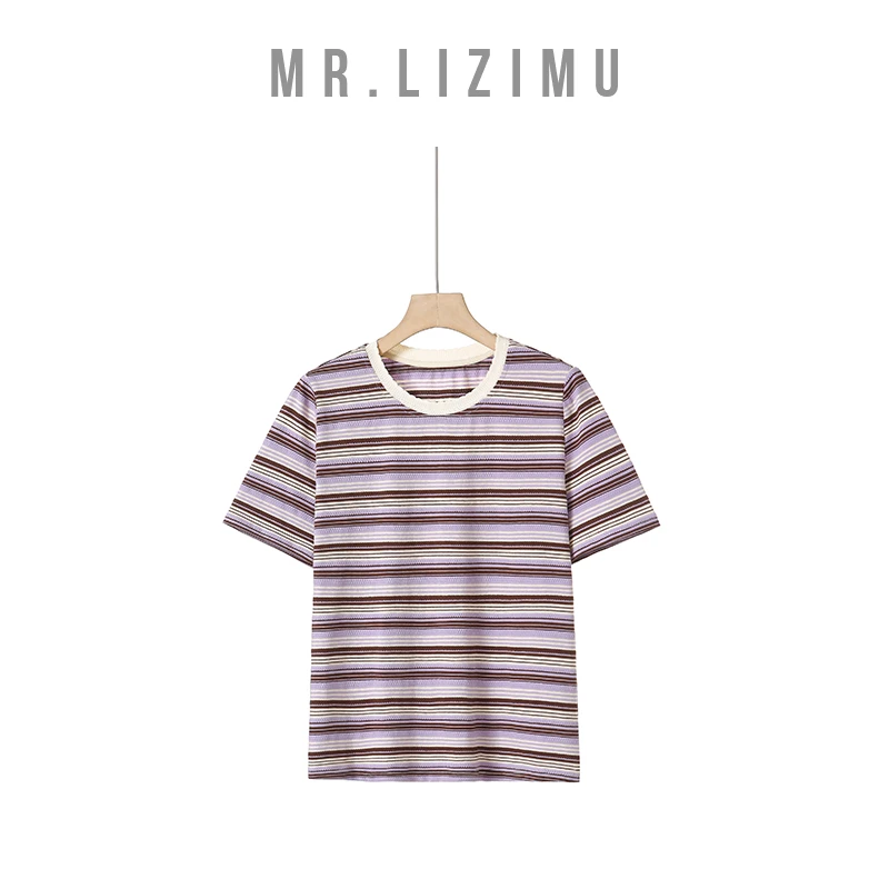 李子木先生纯欲情懒风女装撞色条纹圆领显瘦宽松正肩T恤出游穿搭