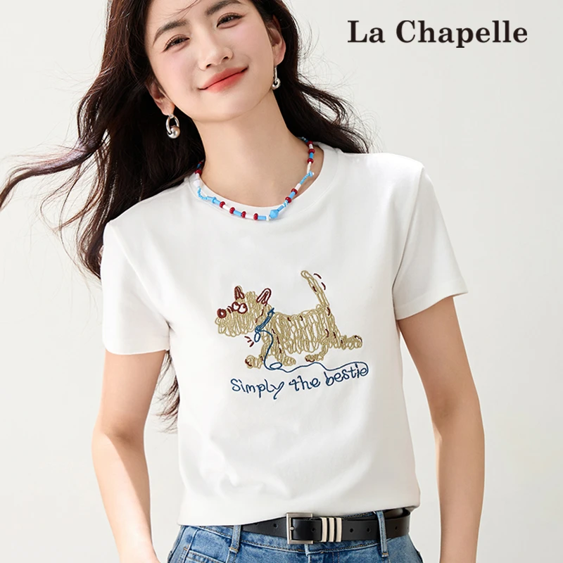 拉夏贝尔线条小狗刺绣短袖T恤女夏季2025新款白色圆领韩版上衣潮