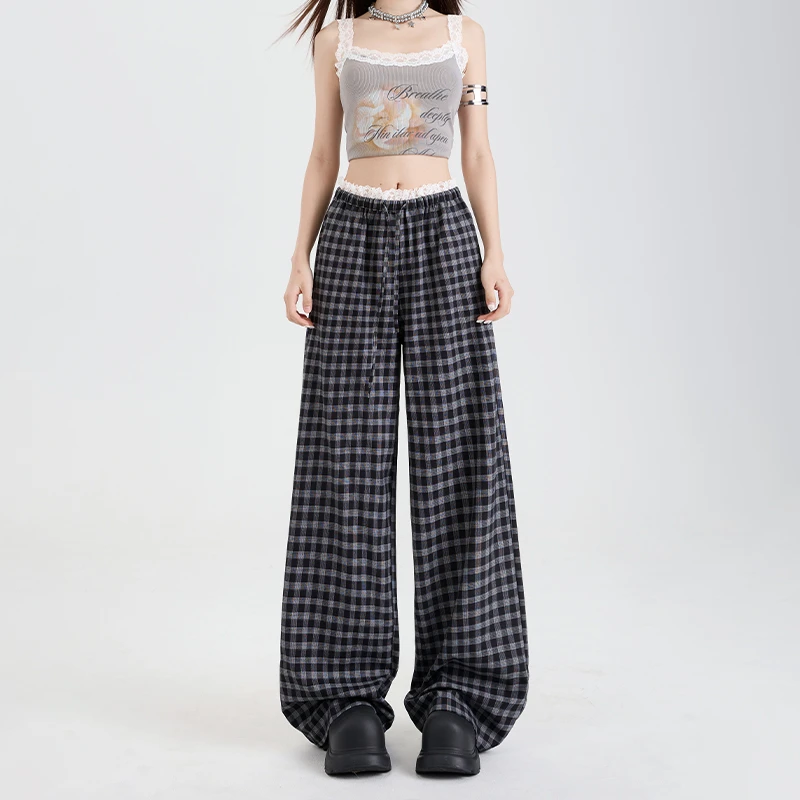 黑色蕾丝花边格子裤女春夏新款韩系高腰遛弯阔腿裤宽松休闲运动裤