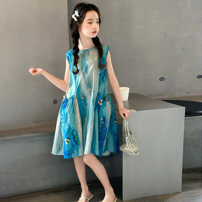 女童油画连衣裙夏装2025新款中大童海边度假风沙滩裙无袖背心裙子