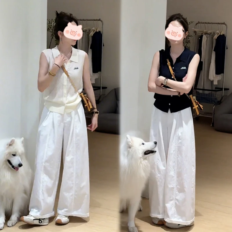 小众翻领夏季新款时尚翻领无袖女宽松百搭显瘦上衣短袖显瘦阔腿裤