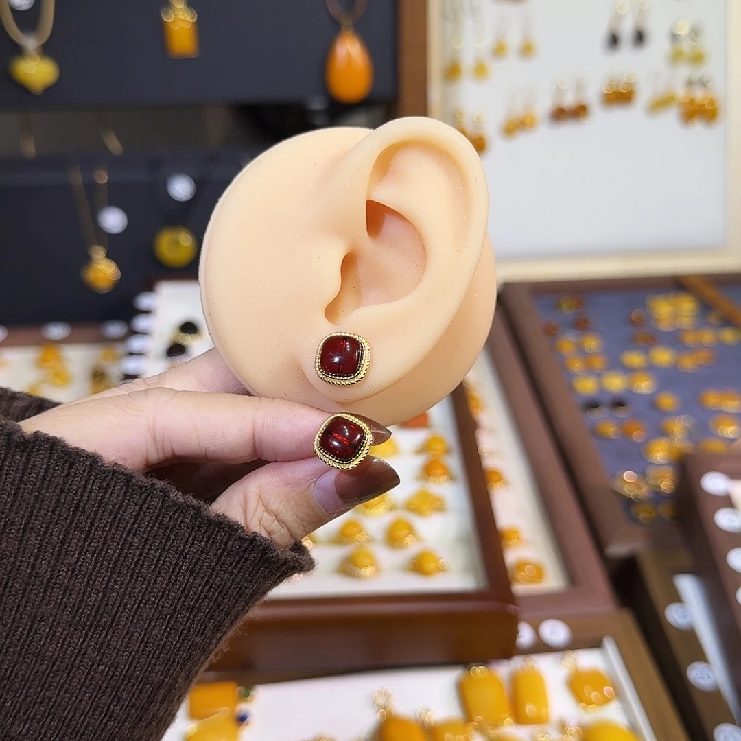 血珀银S925镀金镶嵌耳饰血珀耳钉