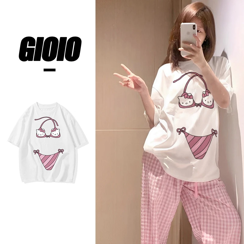 FNFE纯棉2025夏季新款kitty猫比基尼卡通印花宽松白色短袖T恤女