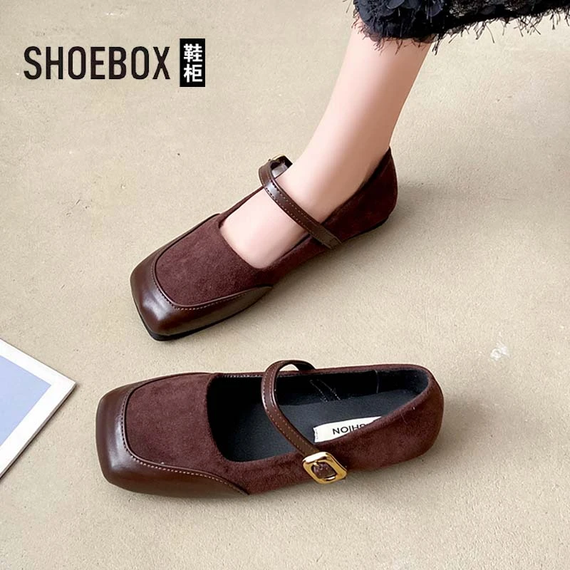 SHOEBOX/鞋柜秋季防滑一字式扣带鞋子复古中口平跟单鞋百搭方头