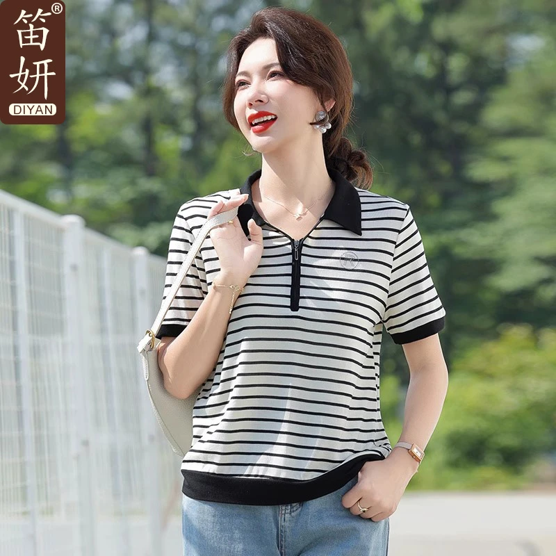 妈妈装夏季洋气条纹翻领短袖t恤2025新款中老年女装洋气休闲套装