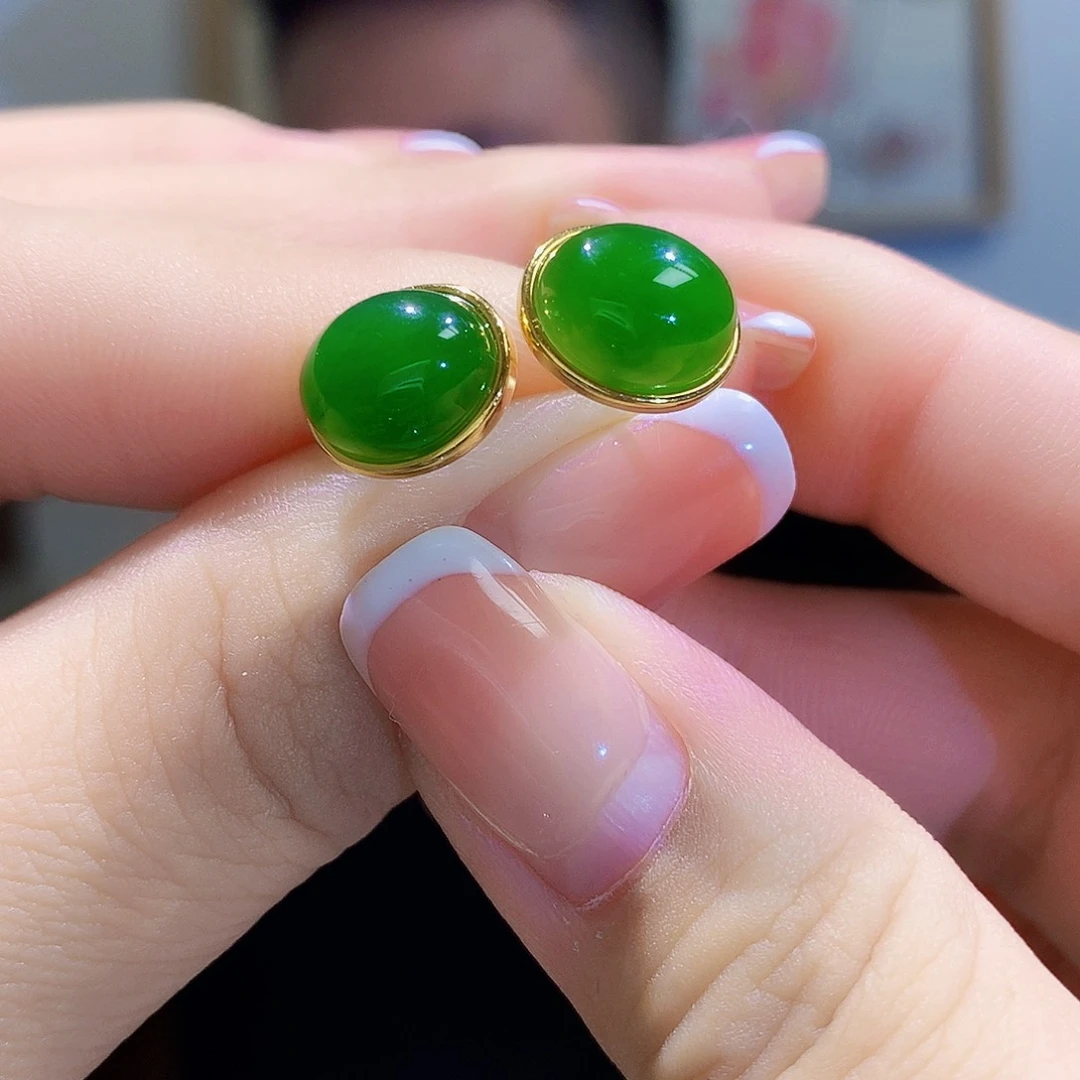 和田玉（碧玉）耳饰银S925镀金镶嵌