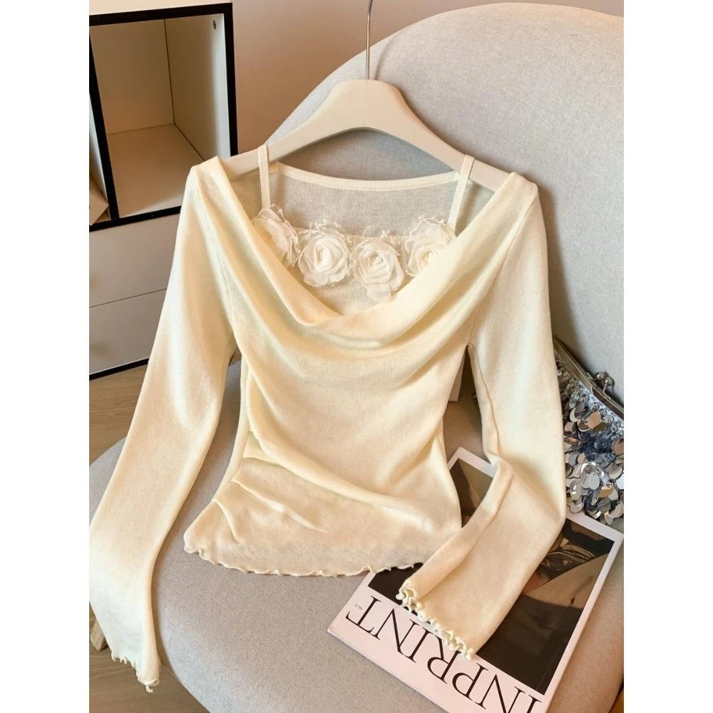 法式立体花朵长袖针织衫女早秋款辣妹荡领打底衫别致掐腰显瘦上衣