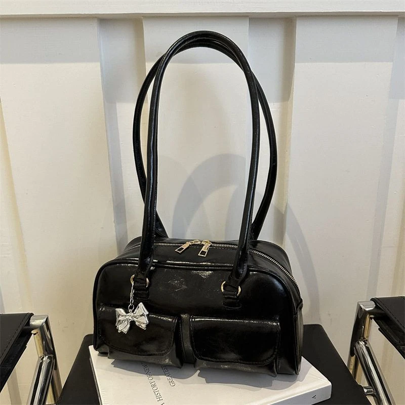 【S5070】休闲女包新款时尚黑色百搭包包高复古手美式2025保龄球包