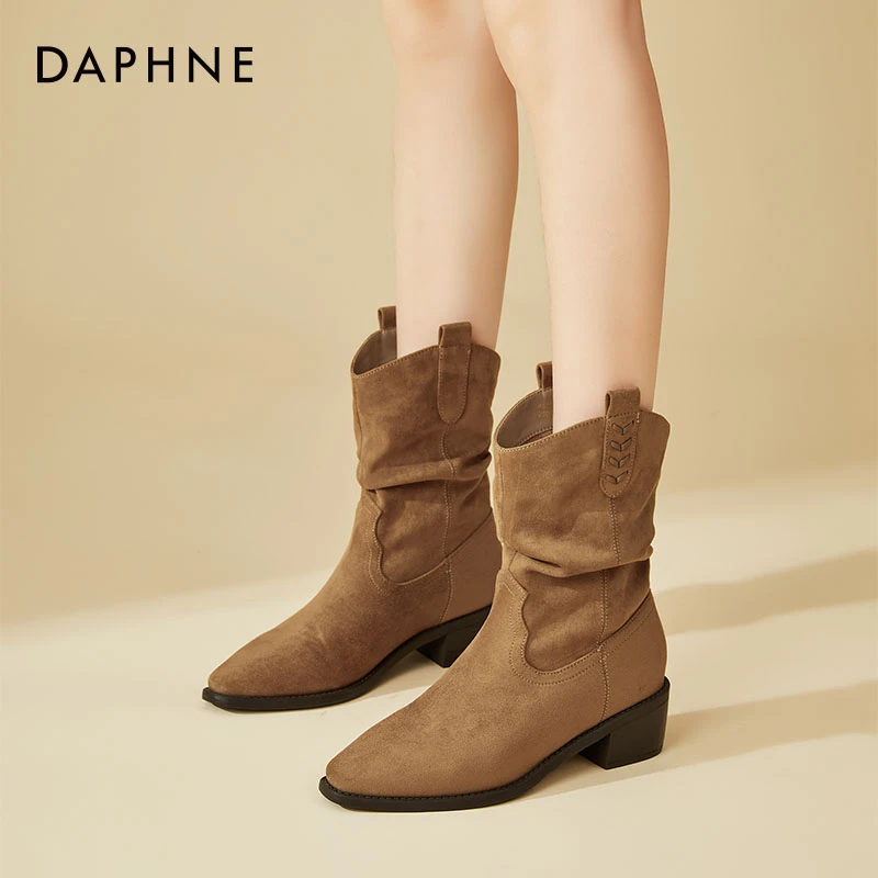 达芙妮复古尖头马丁靴女2025秋冬新款牛仔西部靴粗跟英伦风堆堆靴