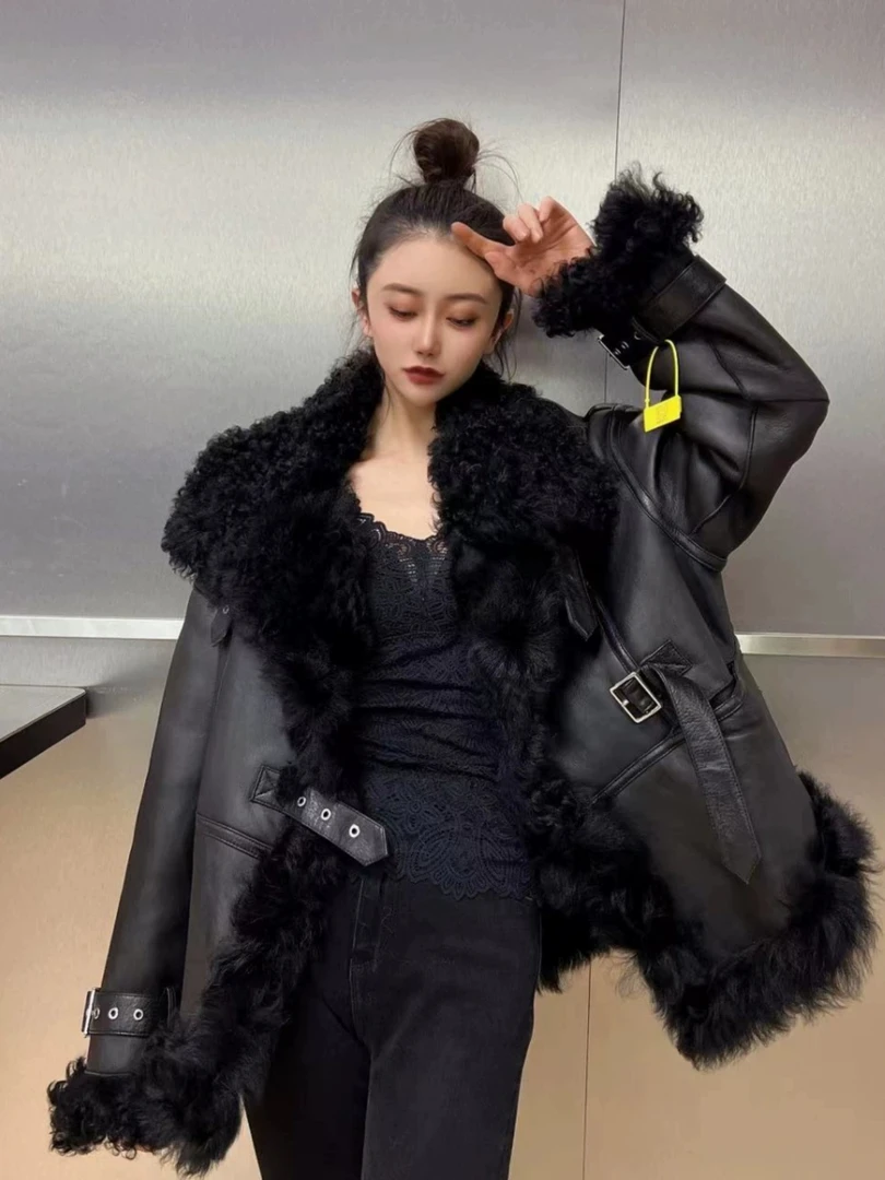 HERDERS 黑色皮草外套女士短款原生态皮毛一体 225307