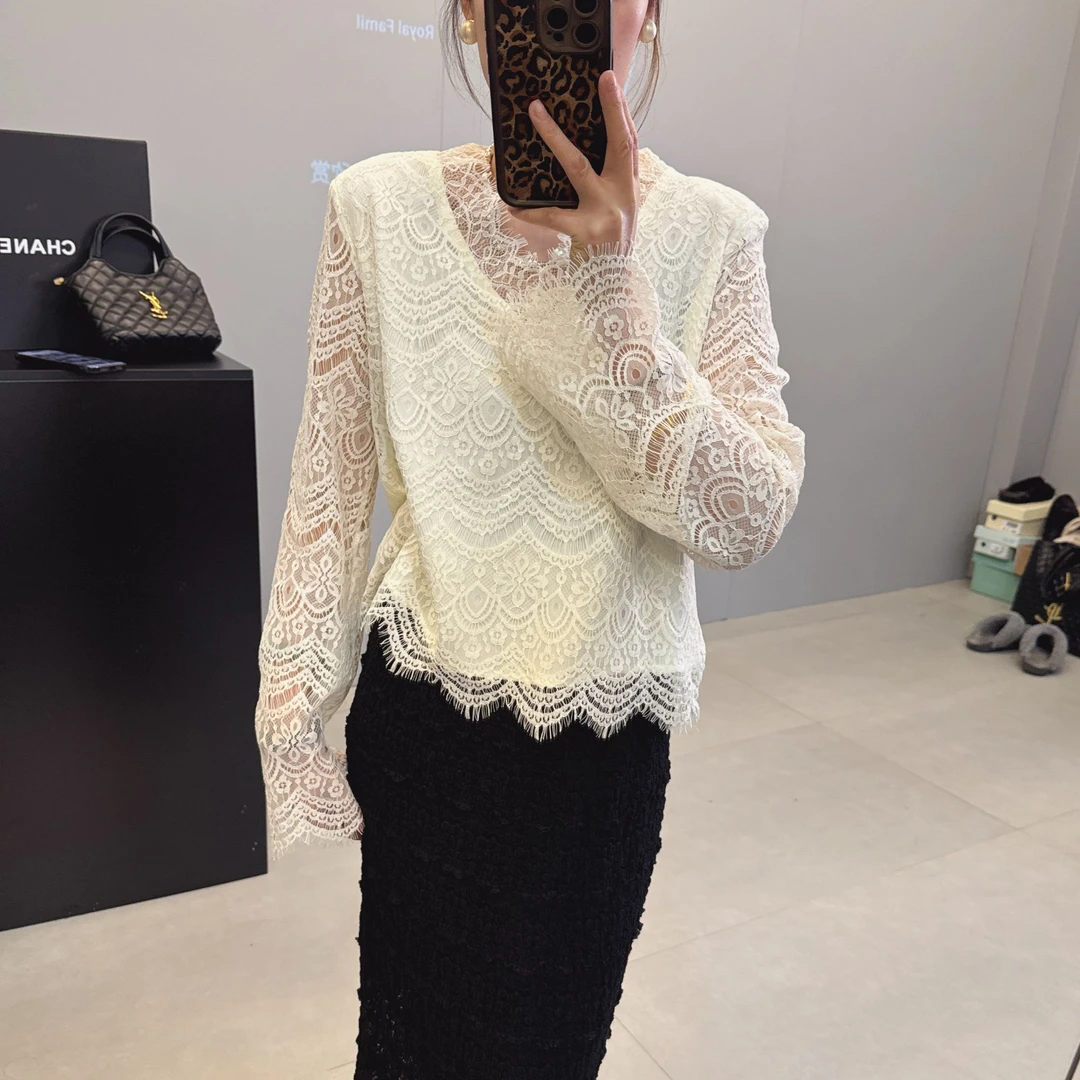 韩版东大门V领时尚百搭气质花边蕾丝打底