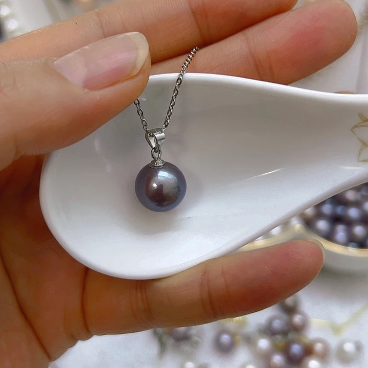 银S925镶嵌淡水珍珠紫珠银色瓜子扣