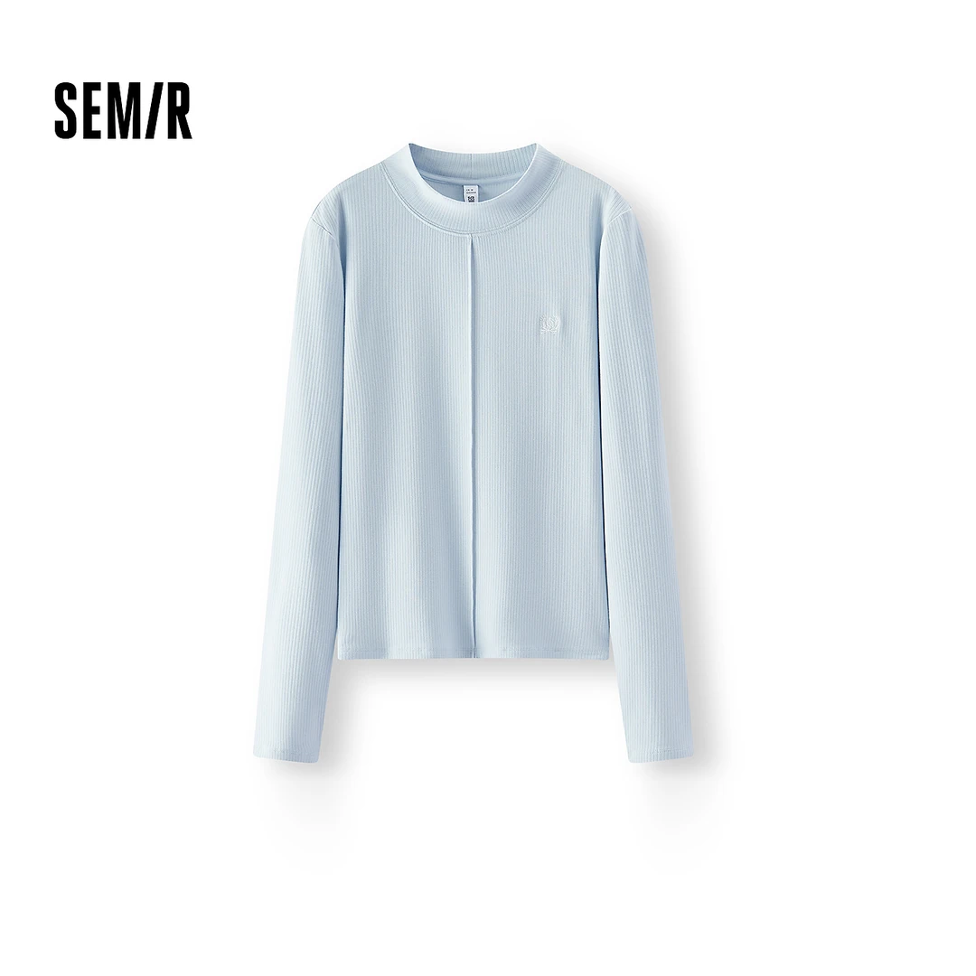 森马长袖T恤女半高领小心机分割冬新款刺绣紧身磨毛上衣温柔