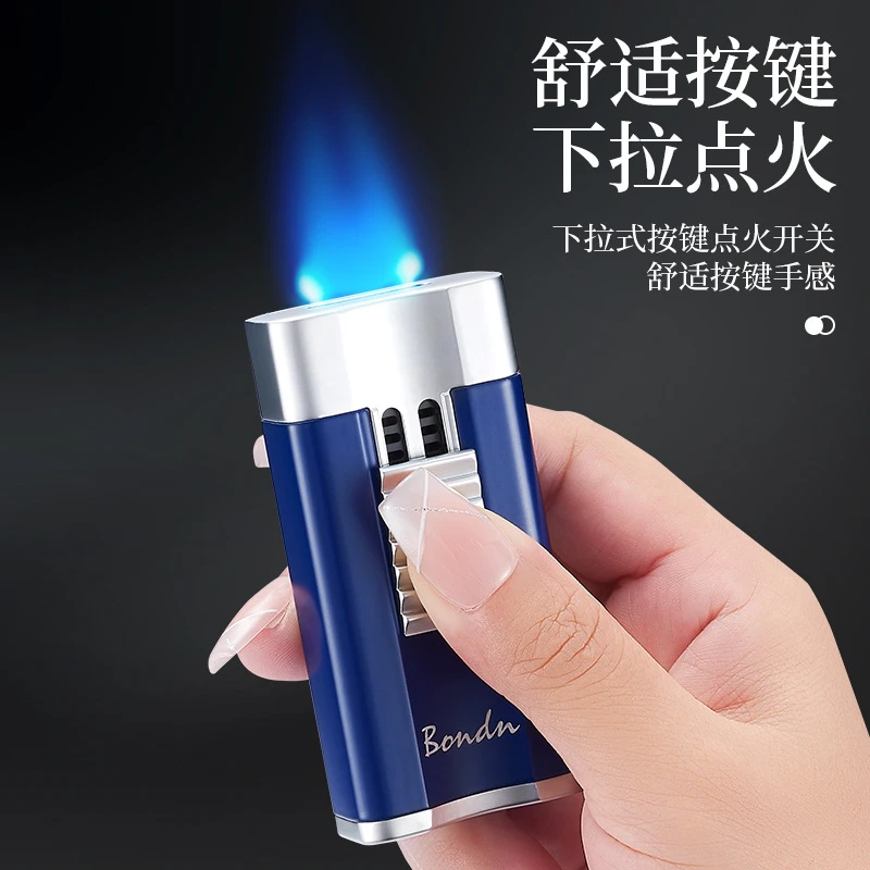 高档金属猛扁头扇形三火男士便携式户外蓝颜充气防风打火机