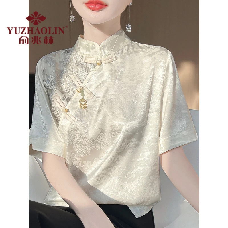俞兆林新中式国风刺绣立领短袖女夏季仿真丝缎面复古盘扣衬衫薄款