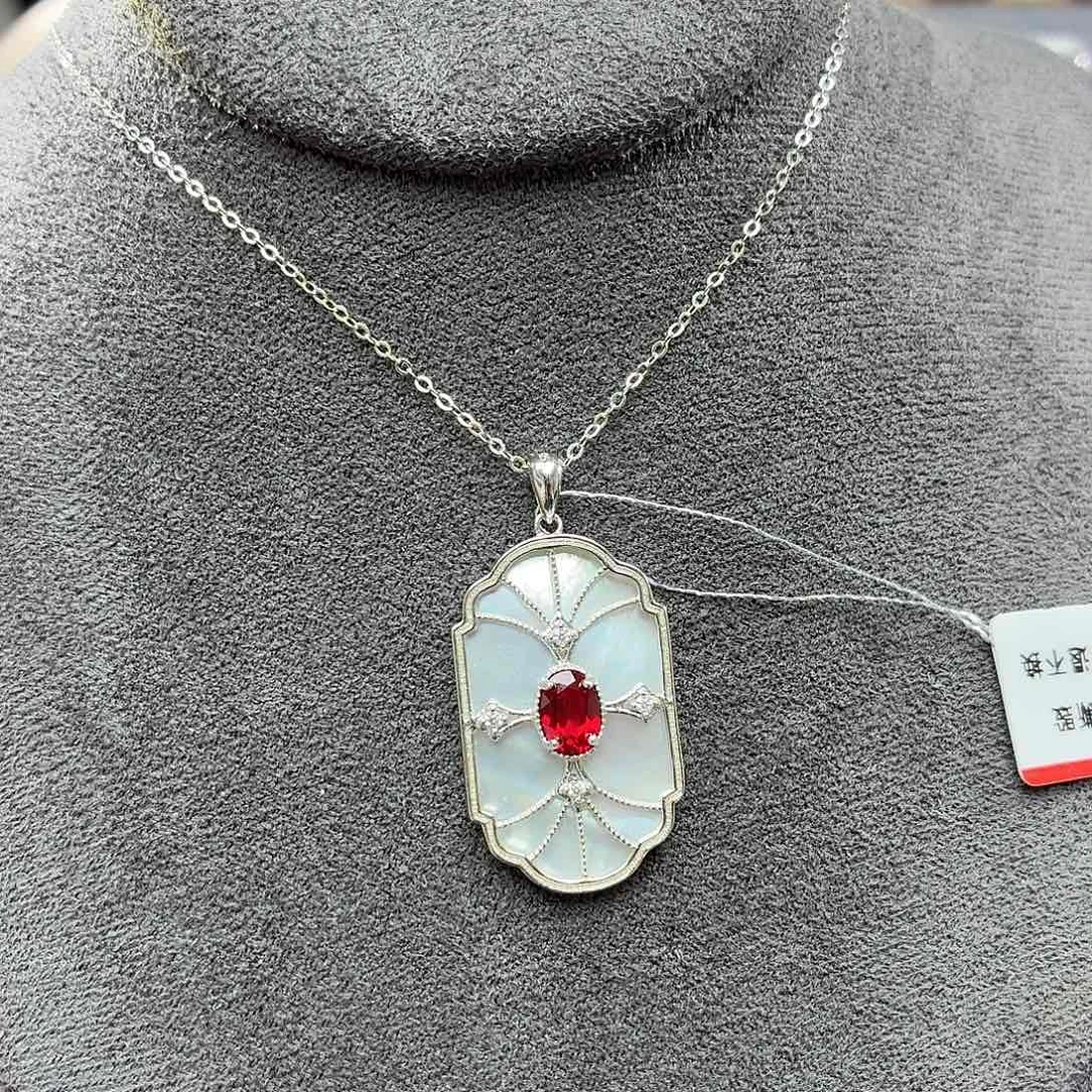 坠链均925银培育鸽血红色宝石