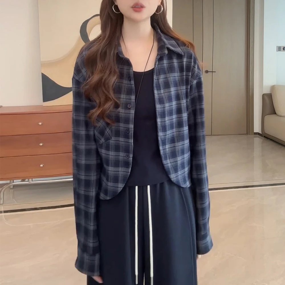 2025年早秋新款韩版时尚高级感套装女纯色背心配格子衬衫两件套潮