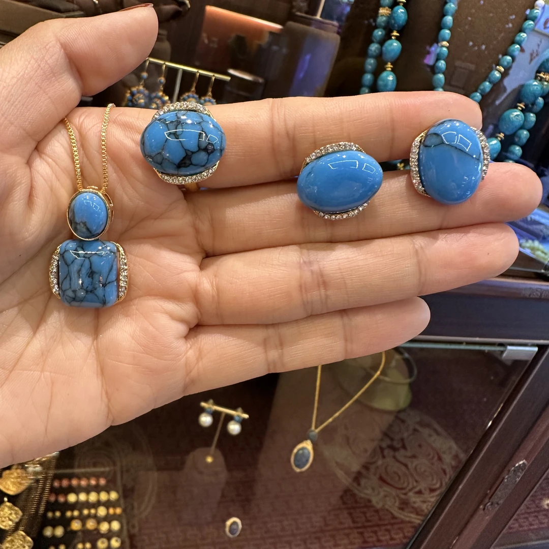 铜合金合成锆石项链 蓝色镶边双排三件套