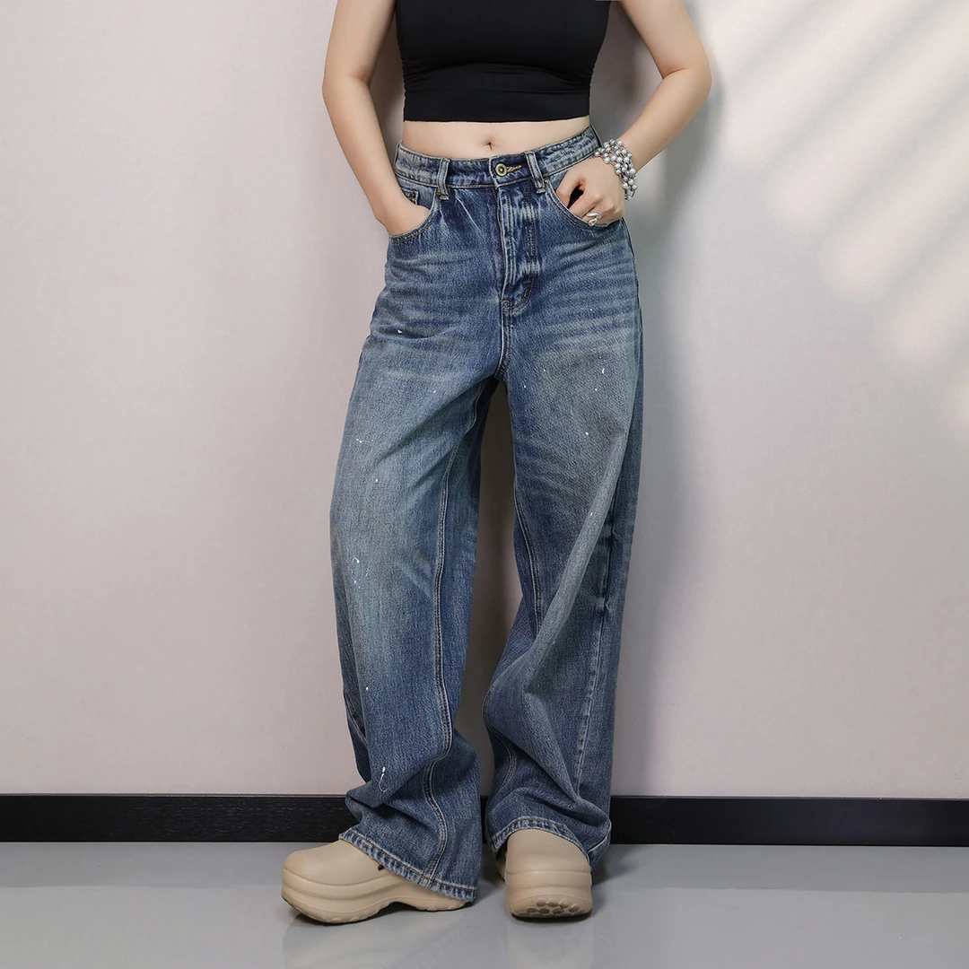 【松弛 3.0】高级感泼墨阔腿牛仔裤 水洗做旧复古显瘦百搭直筒裤