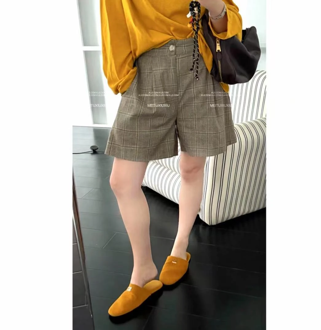 【阿乐家】大码微胖“经典奢品”时髦前卫百搭高腰格纹短裤