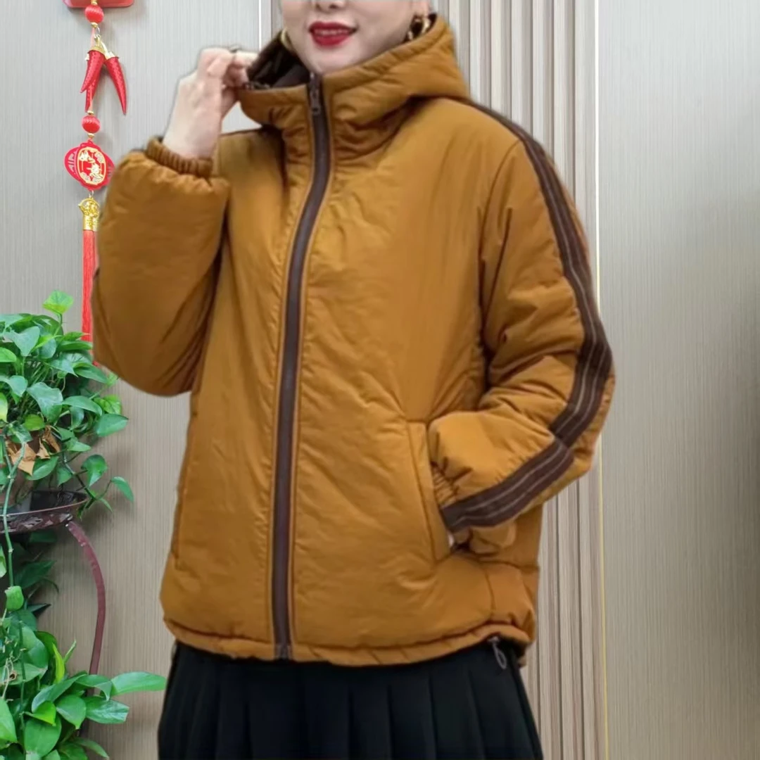 秋冬新款拼接加厚棉服连帽双面穿宽松显瘦减龄休闲百搭女士外套