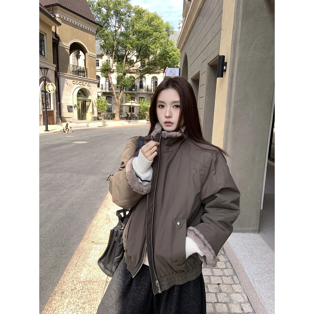 oooiss  老钱风冬季新款外套美拉德夹克立领短款时尚百搭双面穿