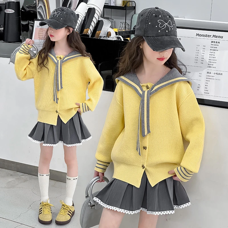 女童甜美海军风毛衣套装裙2025春秋新款中大儿童6-12岁15岁百褶裙