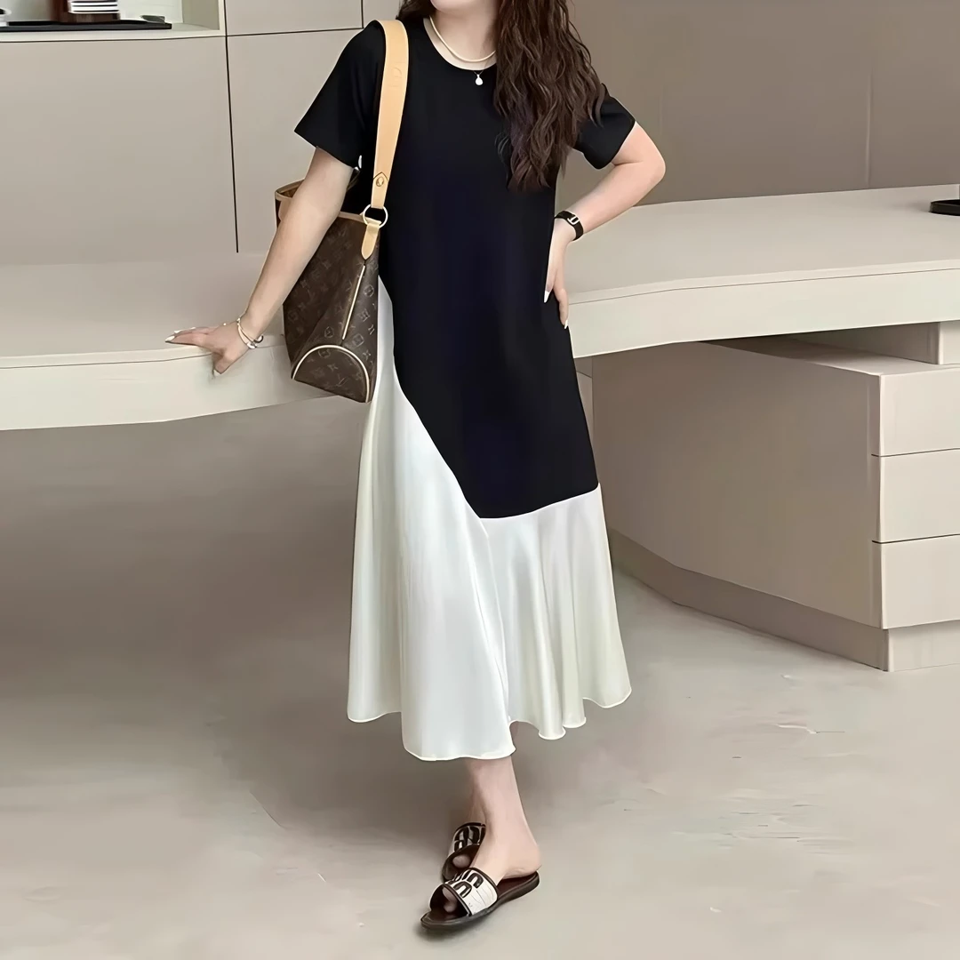 韩系拼接撞色连衣裙2025夏季新款宽松遮胯显瘦长款连衣裙子减龄