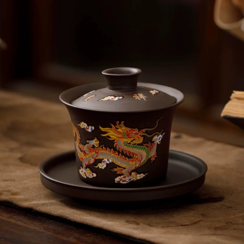 紫砂家用三才盖碗变色龙凤呈祥