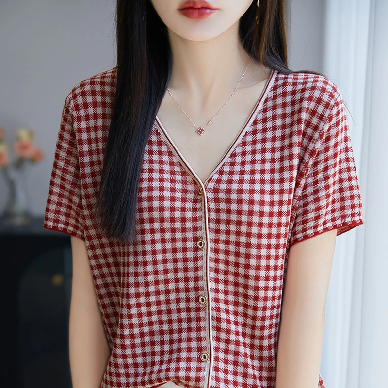 时尚2025品牌夏季新款千鸟格薄款短袖女格子提花毛针织衫宽松洋气