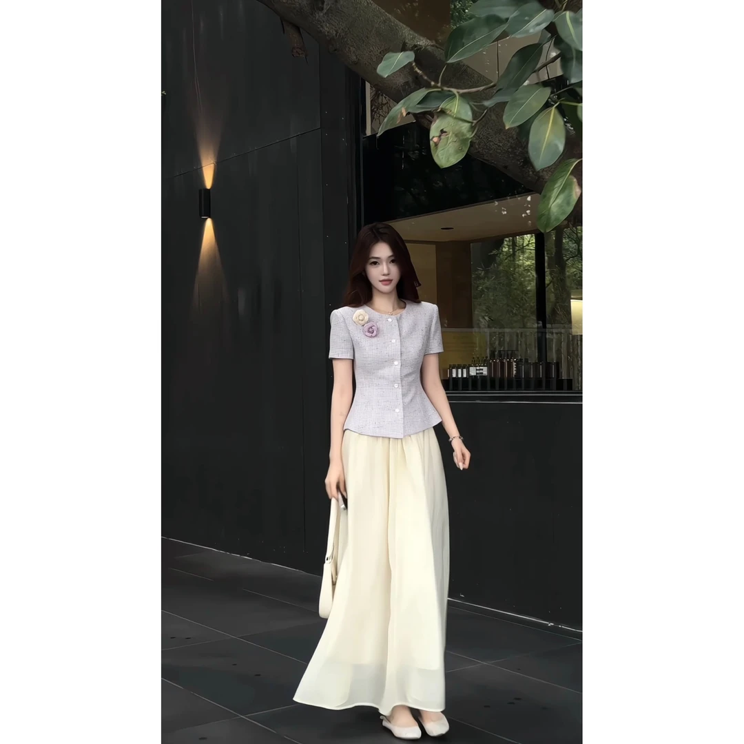 【薰草梦境】气质设计感小香风显瘦温柔短袖上衣+大摆长裙TT1252