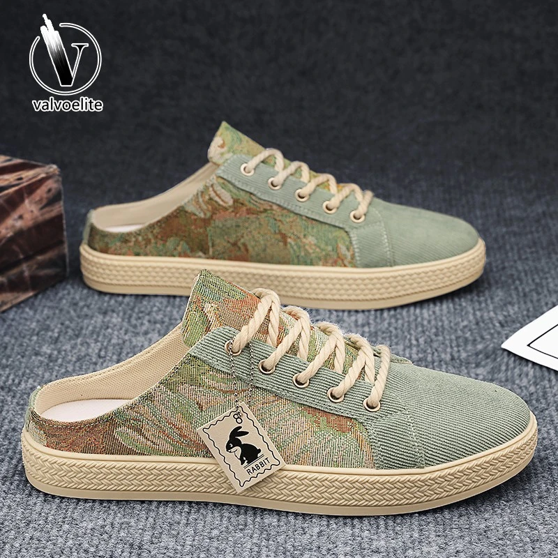 VALVOELITE帆布男鞋夏季一脚蹬上班半拖鞋男士男士户外透气休闲鞋