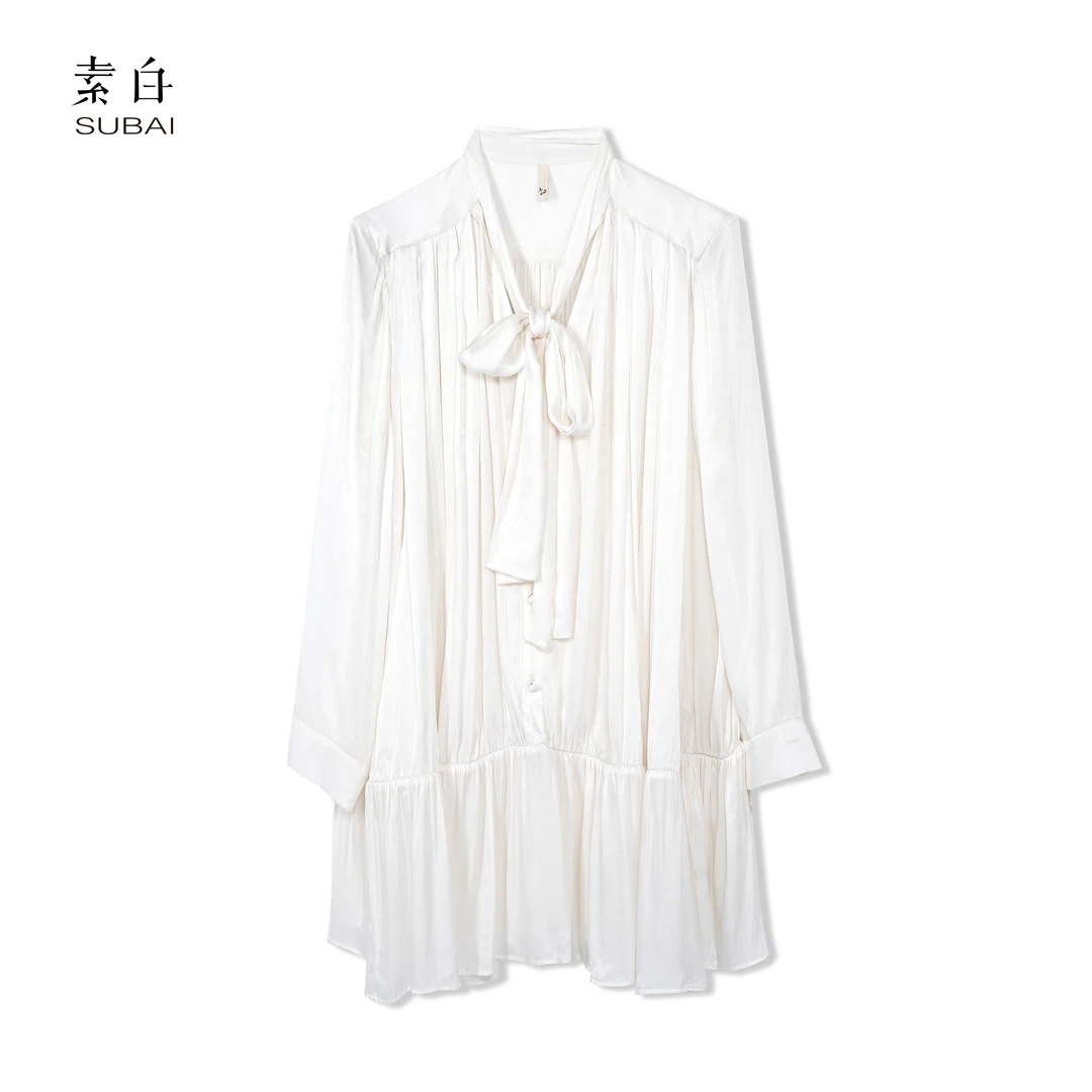 SB3240593067【素白】马乖系带中长款衬衫连衣裙