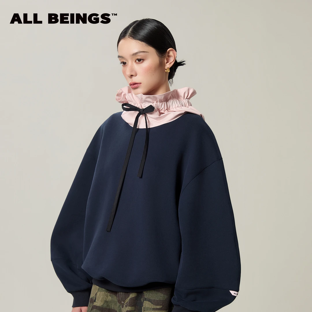 ALL BEINGSALL BEINGS26SS设计师新款粉色花苞造型连帽藏青卫衣女