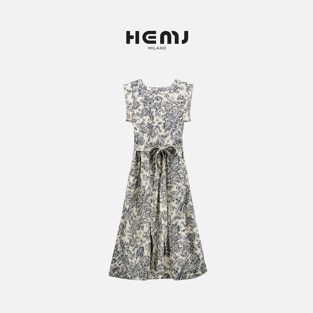 HEMJ 和梦洁“山野柔风”复古中国风方领系带显瘦A字裙 CM2B8128