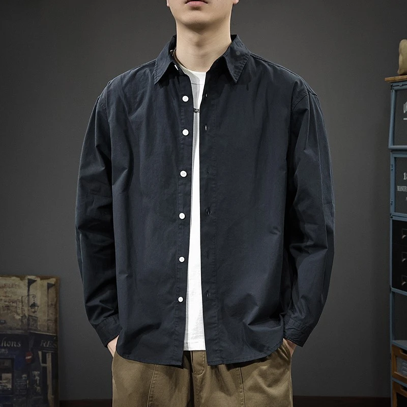 春秋季新款纯棉百搭长袖男士衬衫外套美式休闲潮牌衬衣翻领上衣