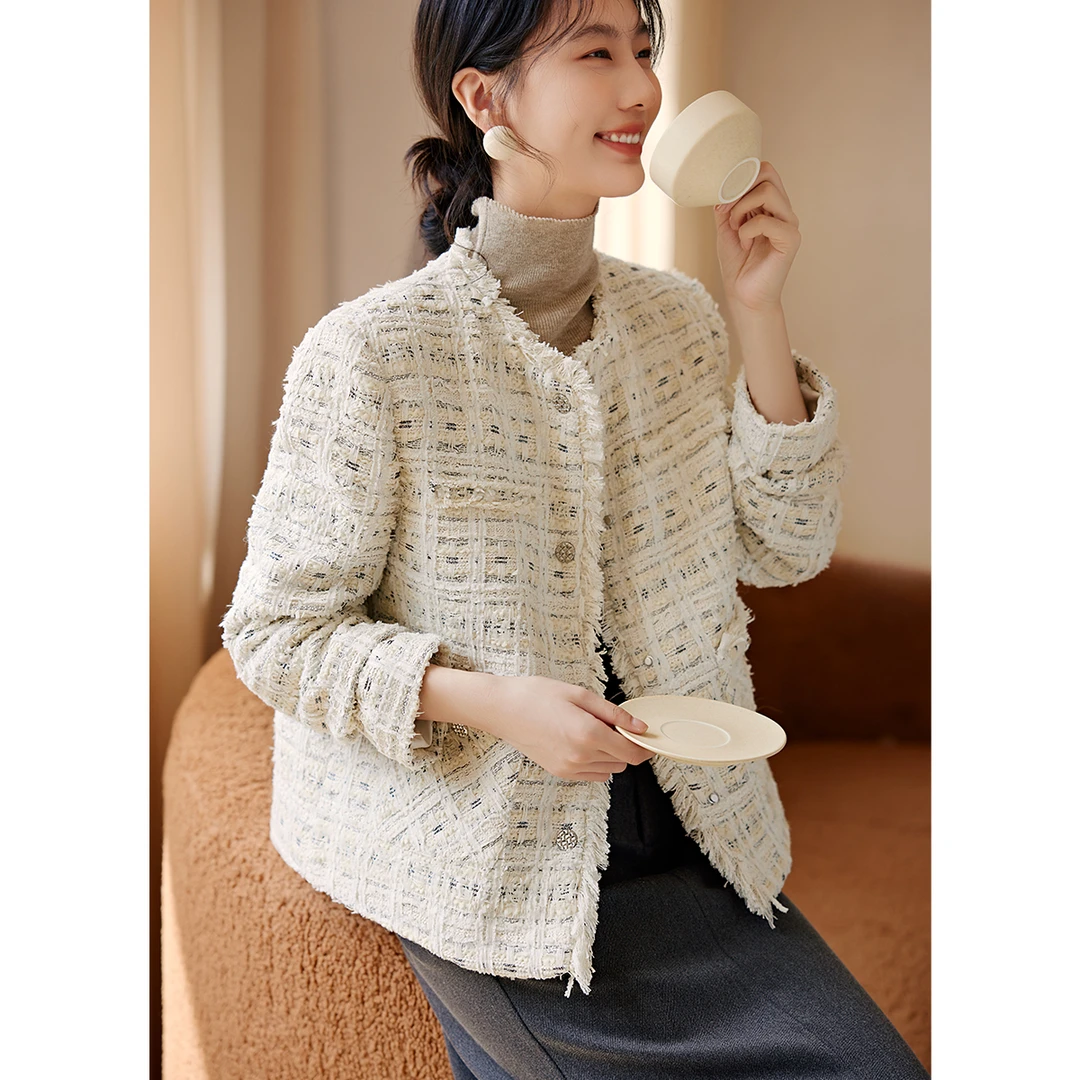 XWI/欣未【奥莱】25春冬优雅精致粗花呢绗棉小香风外套法式复古短款