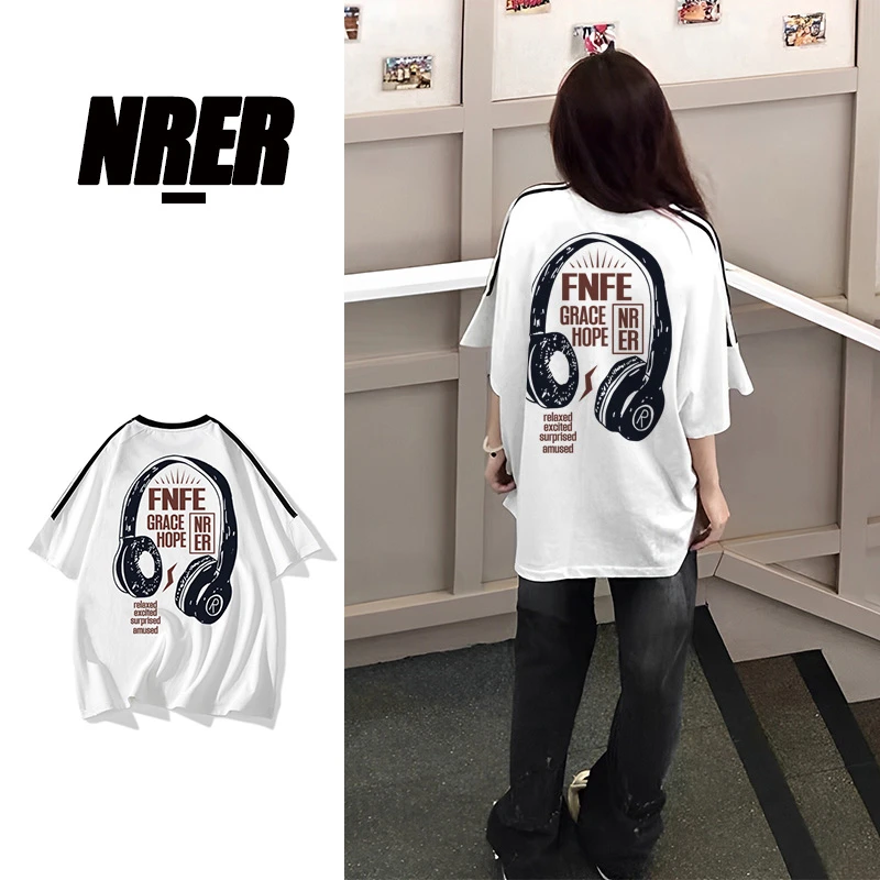 FNFE美式复古学生纯棉短袖休闲宽松印花夏季半袖ins卡通韩版圆领