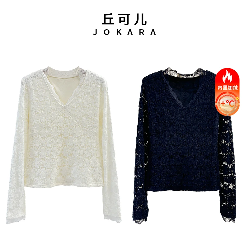 Jokara/丘可儿【一见倾心】新中式蕾丝镂空国风提花V领百搭打底秋
