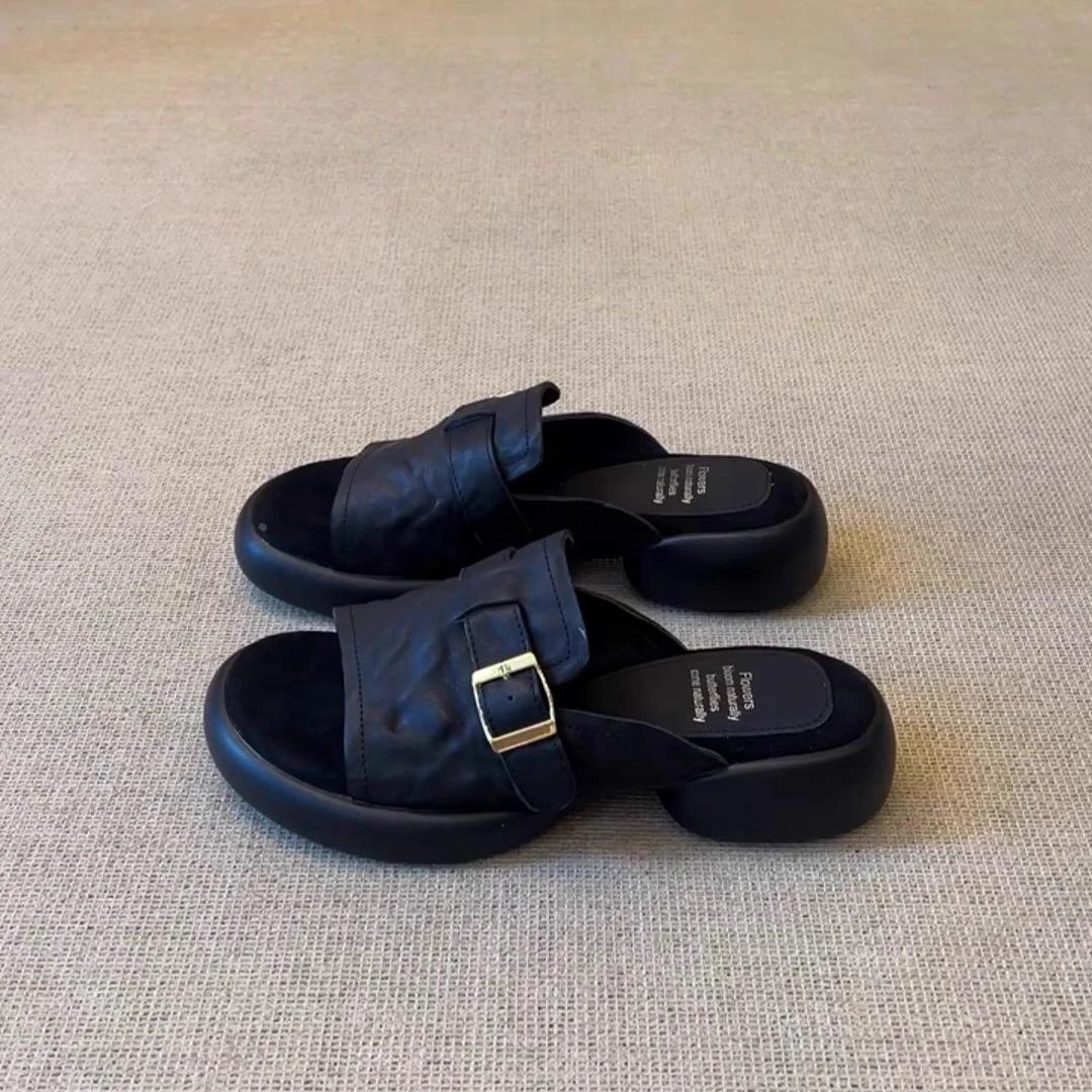 全羊皮~厚底踩屎感皮凉拖鞋女夏外穿2025新款露趾凉鞋一字拖鞋