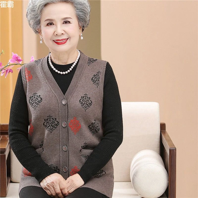 潮牌高端秋装老年人妈妈针织背心马夹加绒加厚时尚百搭马甲可外穿